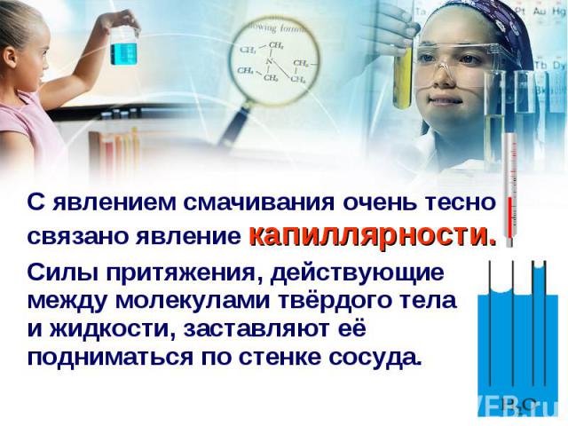 С явлением смачивания очень тесно связано явление капиллярности. Силы притяжения, действующие между молекулами твёрдого тела и жидкости, заставляют её подниматься по стенке сосуда.