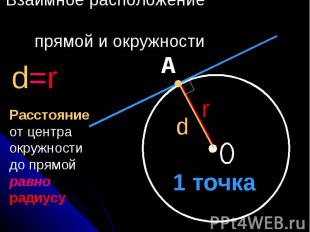 Взаимное расположение прямой и окружности Расстояние от центра окружности до пря