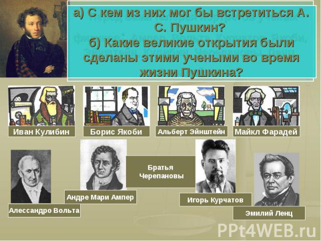 а) С кем из них мог бы встретиться А. С. Пушкин? б) Какие великие открытия были сделаны этими учеными во время жизни Пушкина?