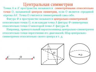 Центральная симметрияТочки A и A' пространства называются симметричными относите