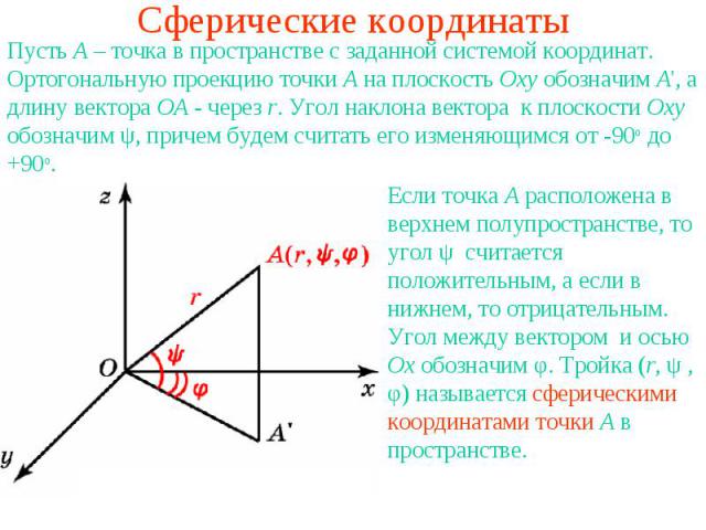 Сферические координатыПусть A – точка в пространстве с заданной системой координат. Ортогональную проекцию точки A на плоскость Oxy обозначим A', а длину вектора ОA - через r. Угол наклона вектора к плоскости Оxy обозначим ψ, причем будем считать ег…