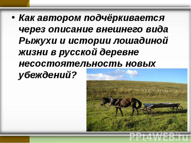 Как автором подчёркивается через описание внешнего вида Рыжухи и истории лошадиной жизни в русской деревне несостоятельность новых убеждений?