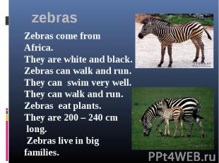 zebrasZebras come from Africa.They are white and black.Zebras can walk and run.T