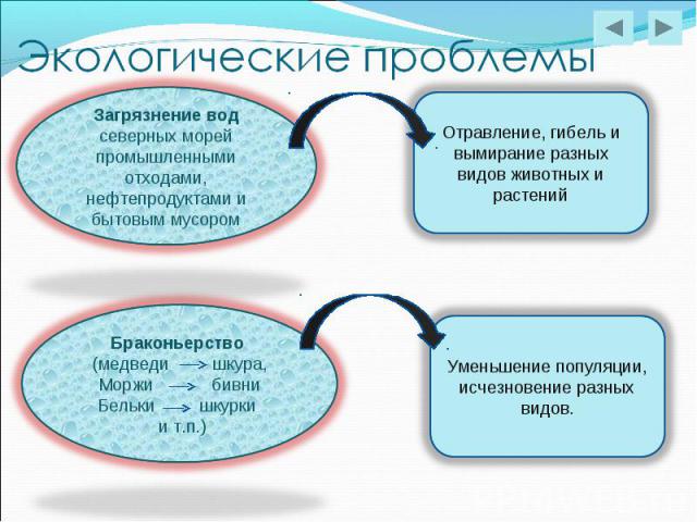 Экологические проблемыЗагрязнение вод северных морей промышленными отходами, нефтепродуктами и бытовым мусоромОтравление, гибель и вымирание разных видов животных и растенийБраконьерство (медведи шкура,Моржи бивниБельки шкурки и т.п.)Уменьшение попу…