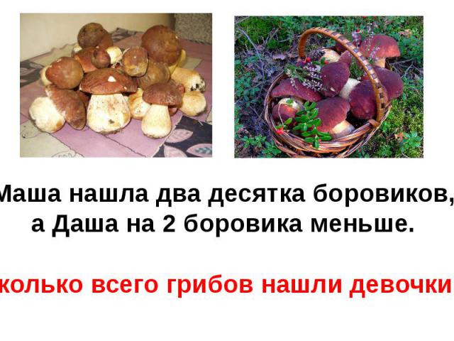Маша нашла два десятка боровиков,а Даша на 2 боровика меньше.Сколько всего грибов нашли девочки?