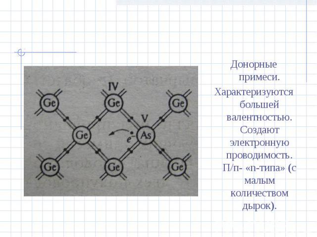 Донорные примеси.Характеризуются большей валентностью. Создают электронную проводимость. П/п- «n-типа» (с малым количеством дырок).