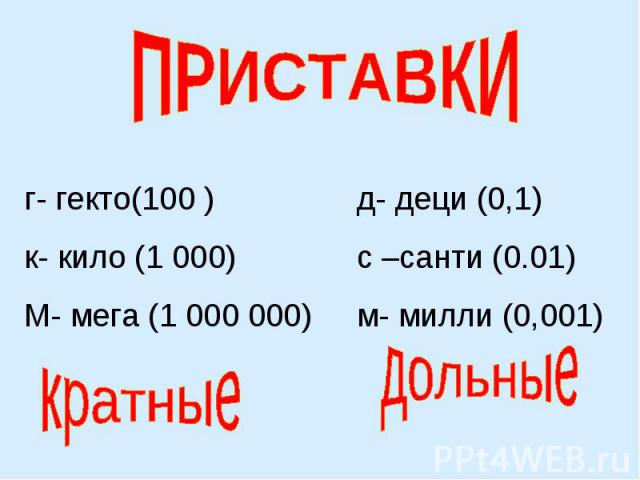 ПРИСТАВКИг- гекто(100 )к- кило (1 000)М- мега (1 000 000)д- деци (0,1)с –санти (0.01)м- милли (0,001)