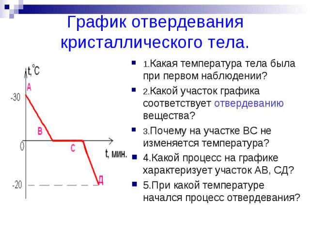 График отвердевания кристаллического тела.1.Какая температура тела была при первом наблюдении?2.Какой участок графика соответствует отвердеванию вещества?3.Почему на участке ВС не изменяется температура?4.Какой процесс на графике характеризует участ…