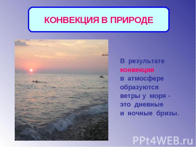 КОНВЕКЦИЯ В ПРИРОДЕВ результате конвекции в атмосфере образуются ветры у моря - это дневные и ночные бризы.