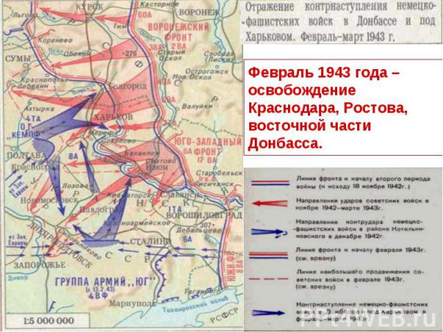 Февраль 1943 года – освобождение Краснодара, Ростова, восточной части Донбасса.
