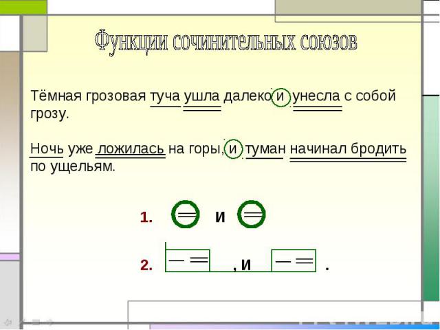 Функции сочинительных союзовТёмная грозовая туча ушла далеко и унесла с собой грозу.Ночь уже ложилась на горы, и туман начинал бродить по ущельям.