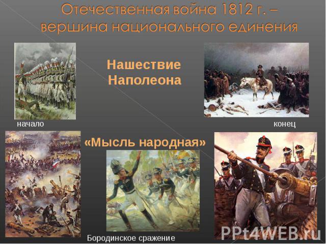 Отечественная война 1812 г. – вершина национального единенияНашествие Наполеона«Мысль народная»