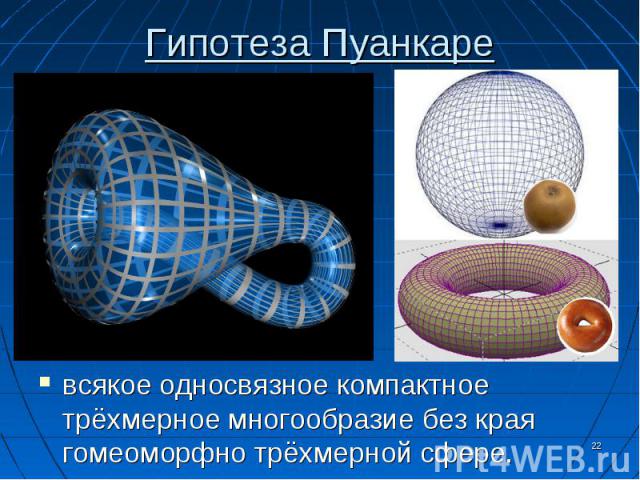 Гипотеза Пуанкаревсякое односвязное компактное трёхмерное многообразие без края гомеоморфно трёхмерной сфере.