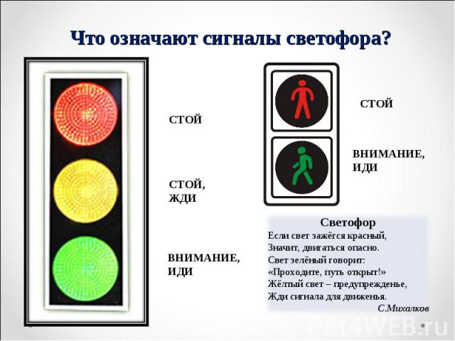 Что означают сигналы светофора? СветофорЕсли свет зажёгся красный,Значит, двигаться опасно.Свет зелёный говорит:«Проходите, путь открыт!»Жёлтый свет – предупрежденье,Жди сигнала для движенья.С.Михалков