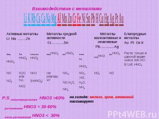 Взаимодействие с металлами P.S концентрированная HNO3 >60% разбавленная HNO3 = 3
