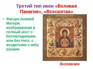Третий тип икон «Великая Панагия», «Всесвятая»Фигура Божией Матери, изображенная