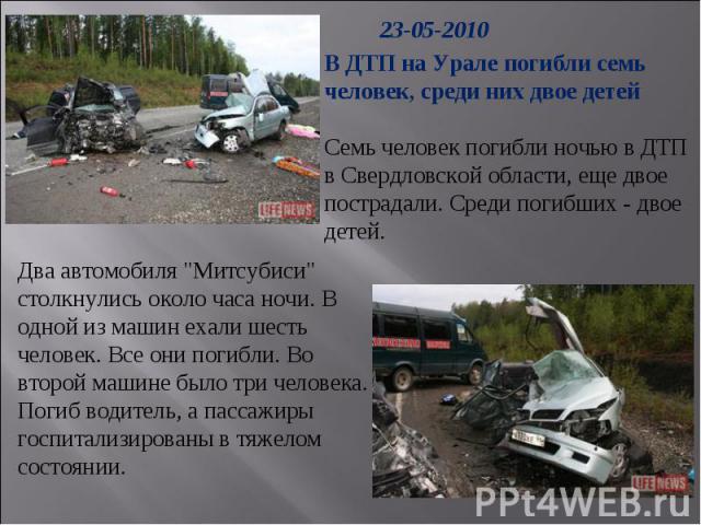 В ДТП на Урале погибли семь человек, среди них двое детейСемь человек погибли ночью в ДТП в Свердловской области, еще двое пострадали. Среди погибших - двое детей.Два автомобиля 