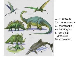 1 - птерозавр 2 - птеродактиль 3 - стегозаврр 4 - диплодок 5 - рогатый динозавр