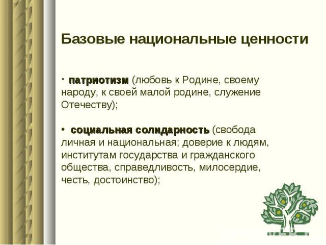 Базовые национальные ценности патриотизм (любовь к Родине, своему народу, к своей малой родине, служение Отечеству); социальная солидарность (свобода личная и национальная; доверие к людям, институтам государства и гражданского общества, справедливо…