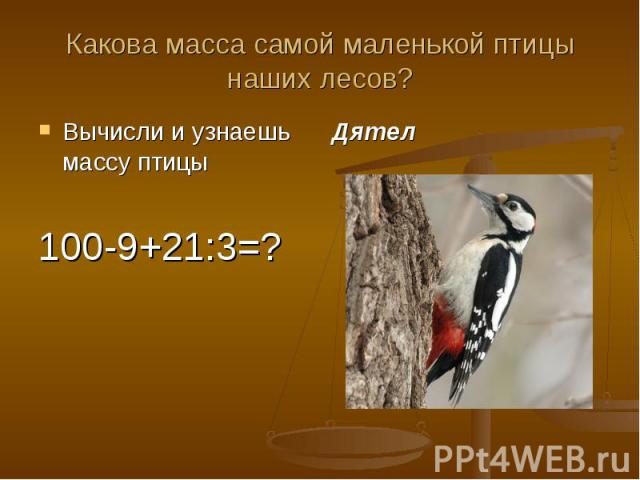 Какова масса самой маленькой птицы наших лесов?Вычисли и узнаешь массу птицы100-9+21:3=?