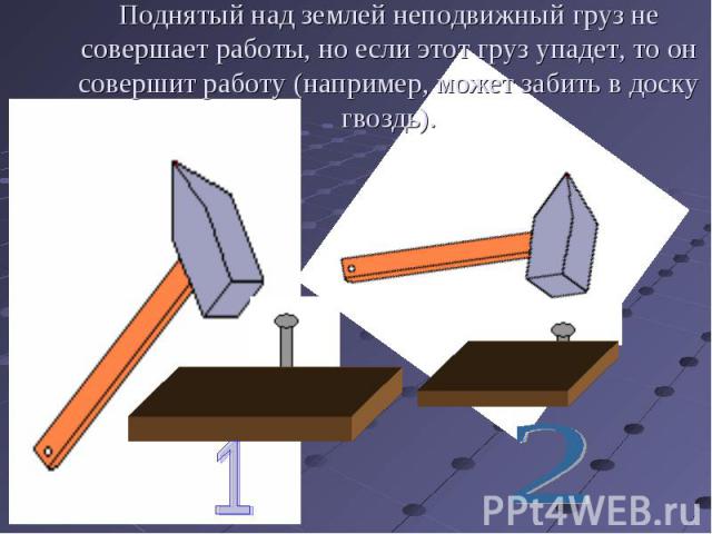 Поднятый над землей неподвижный груз не совершает работы, но если этот груз упадет, то он совершит работу (например, может забить в доску гвоздь).