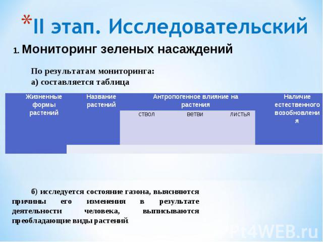 II этап. Исследовательский1. Мониторинг зеленых насажденийПо результатам мониторинга:а) составляется таблицаб) исследуется состояние газона, выясняются причины его изменения в результате деятельности человека, выписываются преобладающие виды растений.