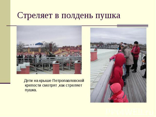Стреляет в полдень пушка Дети на крыше Петропавловской крепости смотрят ,как стреляет пушка.