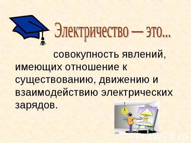 Электричество — это...совокупность явлений, имеющих отношение к существованию, движению и взаимодействию электрических зарядов.