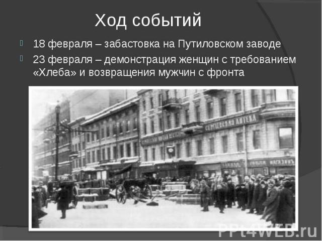 Ход событий18 февраля – забастовка на Путиловском заводе23 февраля – демонстрация женщин с требованием «Хлеба» и возвращения мужчин с фронта