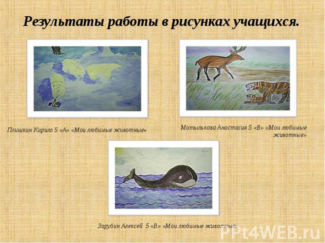 Результаты работы в рисунках учащихся.Плишкин Кирилл 5 «А» «Мои любимые животные»Мотылькова Анастасия 5 «В» «Мои любимые животные»Зарубин Алексей 5 «В» «Мои любимые животные»