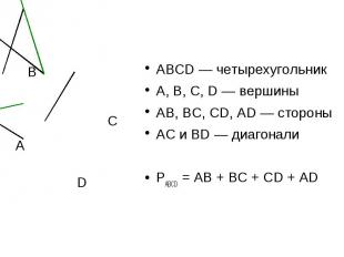 ABCD — четырехугольникA, B, C, D — вершиныAB, BC, CD, AD — стороныAC и BD — диаг