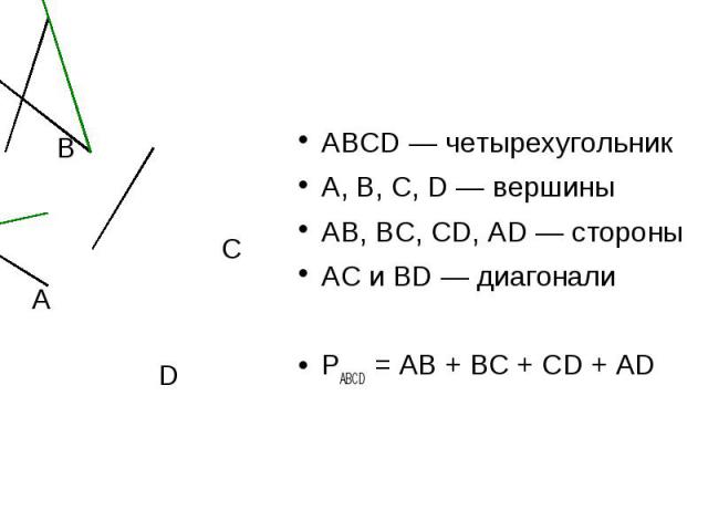 ABCD — четырехугольникA, B, C, D — вершиныAB, BC, CD, AD — стороныAC и BD — диагоналиPABCD = AB + BC + CD + AD