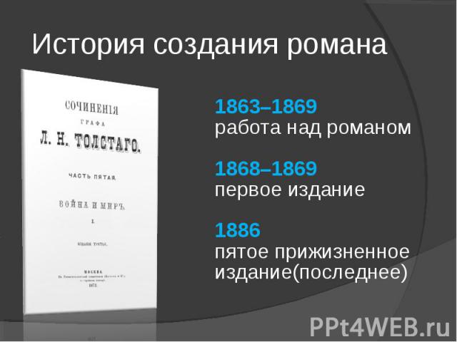 История создания романа1863–1869работа над романом1868–1869первое издание1886пятое прижизненное издание(последнее)