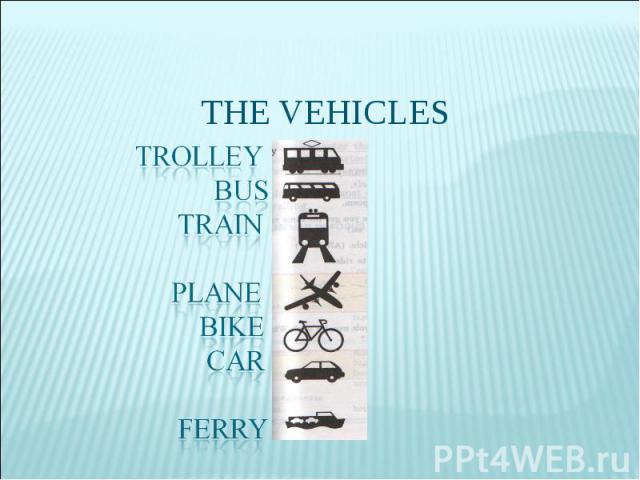 THE VEHICLES Trolley bus train plane bike car ferry