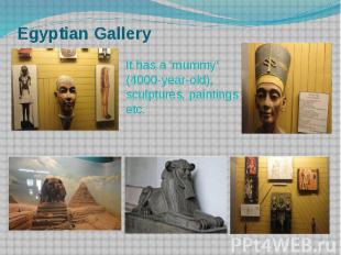 Egyptian GalleryIt has a 'mummy‘ (4000-year-old), sculptures, paintings etc.