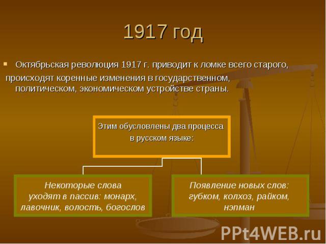 1917 год Октябрьская революция 1917 г. приводит к ломке всего старого, происходят коренные изменения в государственном, политическом, экономическом устройстве страны.
