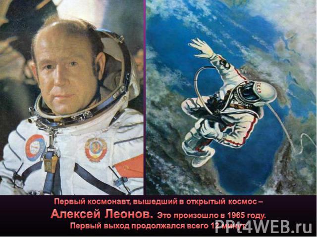 Первый космонавт, вышедший в открытый космос – Алексей Леонов. Это произошло в 1965 году. Первый выход продолжался всего 12 минут.