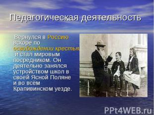Педагогическая деятельность Вернулся в Россию вскоре по освобождении крестьян и