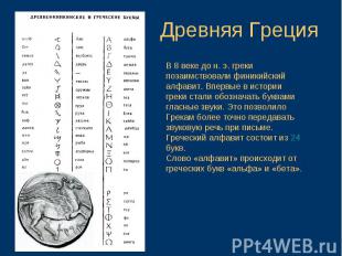 Древняя ГрецияВ 8 веке до н. э. греки позаимствовали финикийский алфавит. Впервы