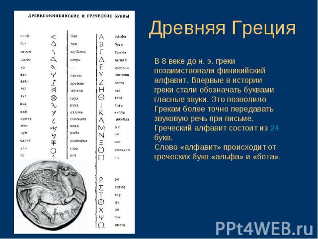Древняя ГрецияВ 8 веке до н. э. греки позаимствовали финикийский алфавит. Впервые в истории греки стали обозначать буквами гласные звуки. Это позволило Грекам более точно передавать звуковую речь при письме.Греческий алфавит состоит из 24 букв.Слово…