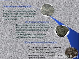 Каменные метеоритысостоят железомагнезиальных силикатов и никелистого железа.неб