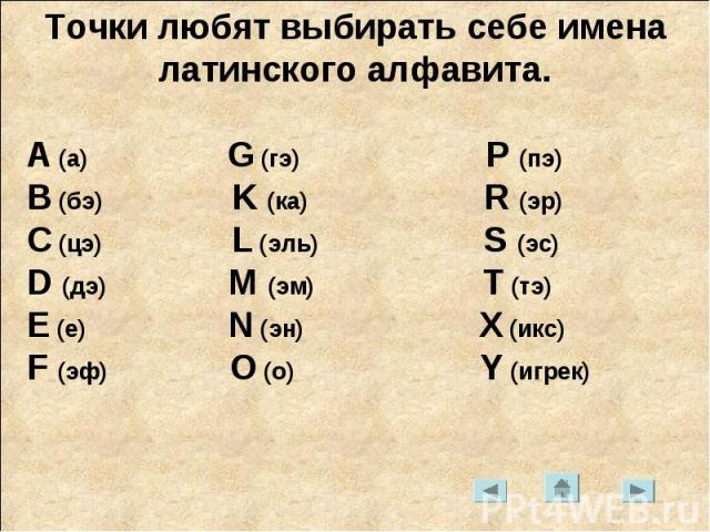Точки любят выбирать себе имена латинского алфавита. А (а) G (гэ) P (пэ) B (бэ) K (ка) R (эр) C (цэ) L (эль) S (эс) D (дэ) M (эм) T (тэ) E (е) N (эн) X (икс) F (эф) O (о) Y (игрек)