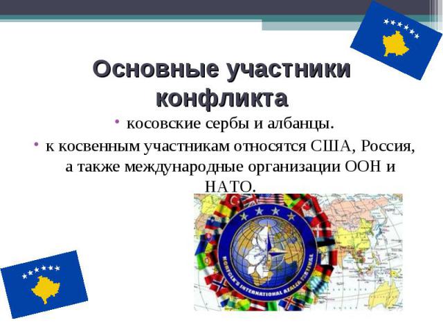 косовские сербы и албанцы. косовские сербы и албанцы. к косвенным участникам относятся США, Россия, а также международные организации ООН и НАТО.