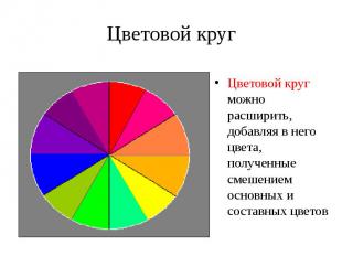 Цветовой кругЦветовой круг можно расширить, добавляя в него цвета, полученные см