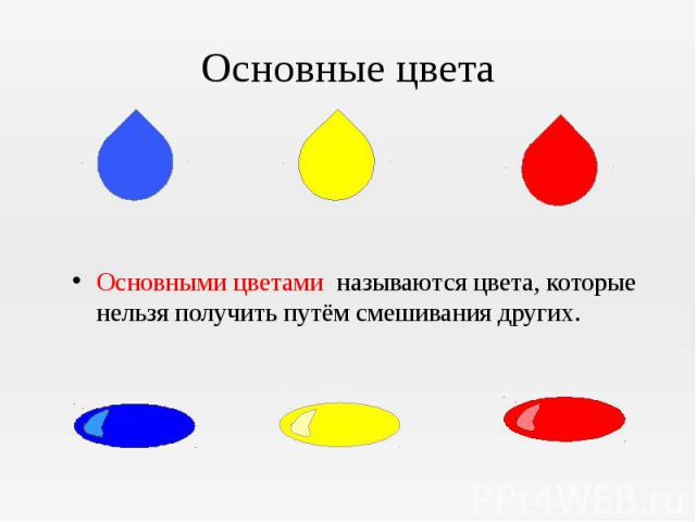 Основные цветаОсновными цветами называются цвета, которые нельзя получить путём смешивания других.