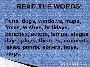 READ THE WORDS: Pens, dogs, windows, maps,foxes, wishes, holidays, benches, acto
