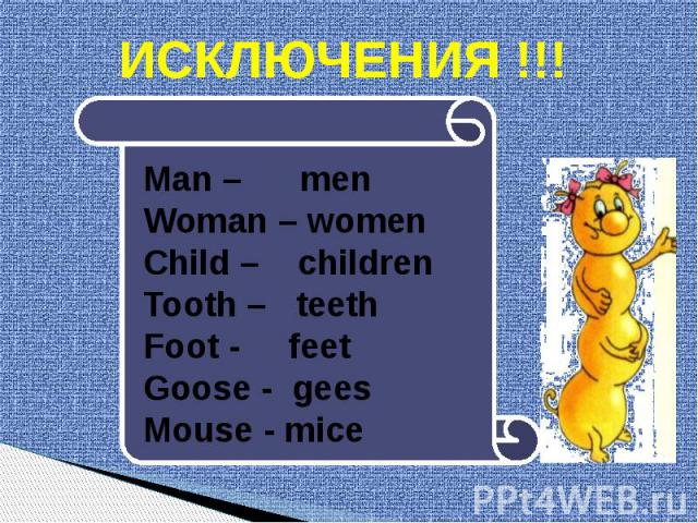 ИСКЛЮЧЕНИЯ !!! Man – menWoman – womenChild – childrenTooth – teethFoot - feetGoose - geesMouse - mice