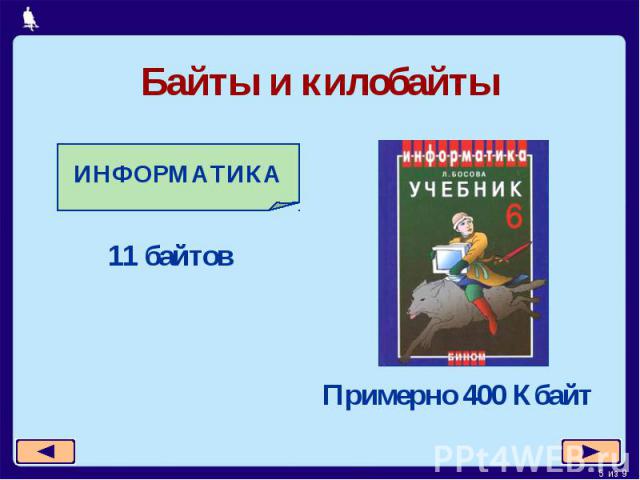 Байты и килобайты ИНФОРМАТИКА 11 байтовПримерно 400 Кбайт