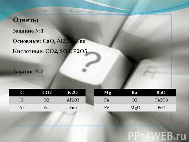 ОтветыЗадание №1Основные: CaO, Al2O3, ZnoКислотные: CO2, SO2, P2O5Задание №2