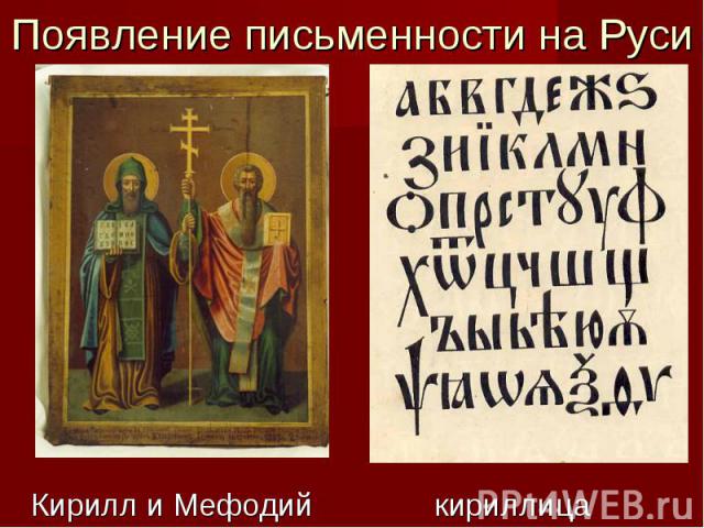 Появление письменности на РусиКирилл и Мефодий кириллица кириллица